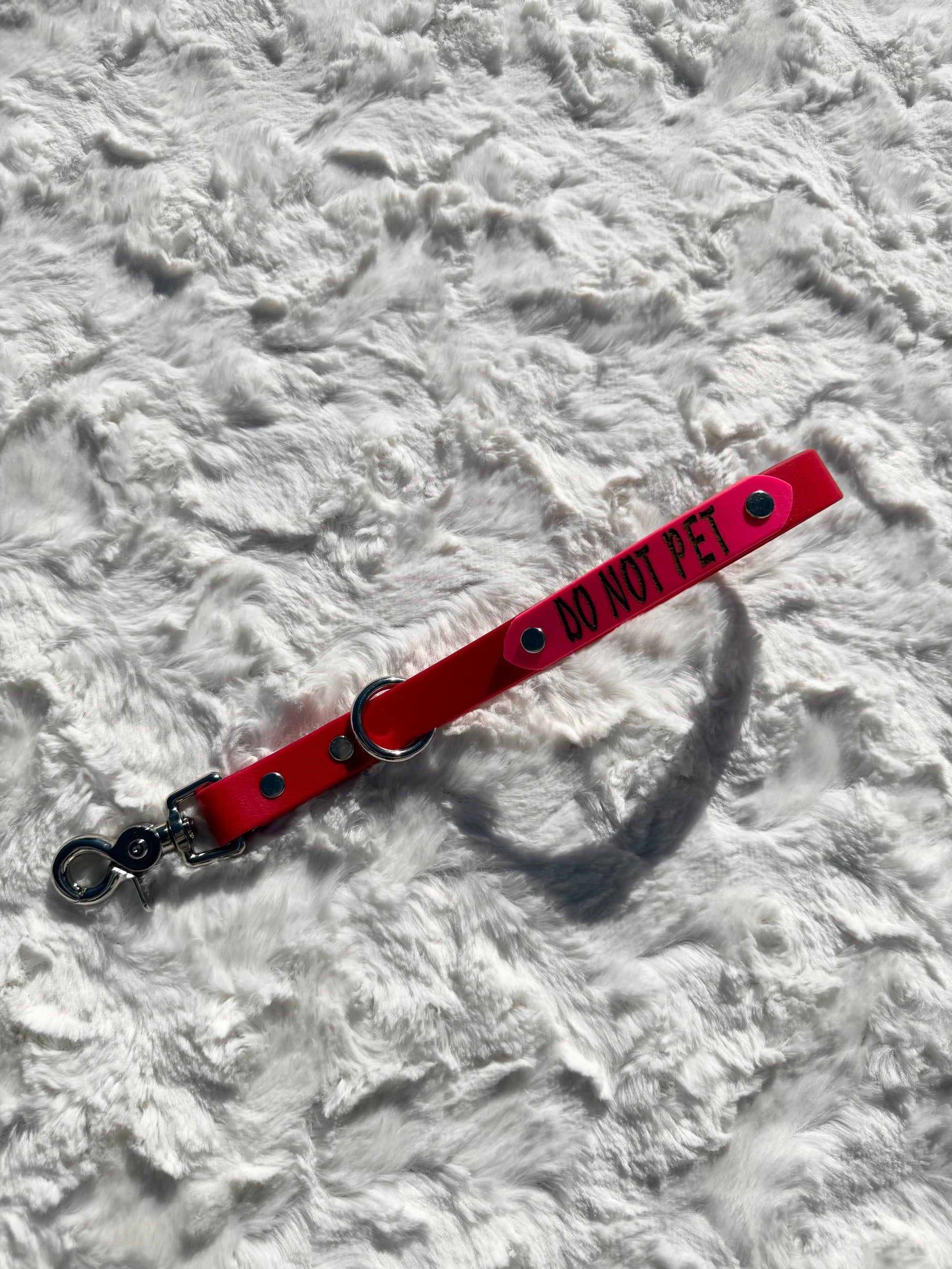 12" Red Traffic Lead, pink "do not pet" engraved plate, and floating o-ring